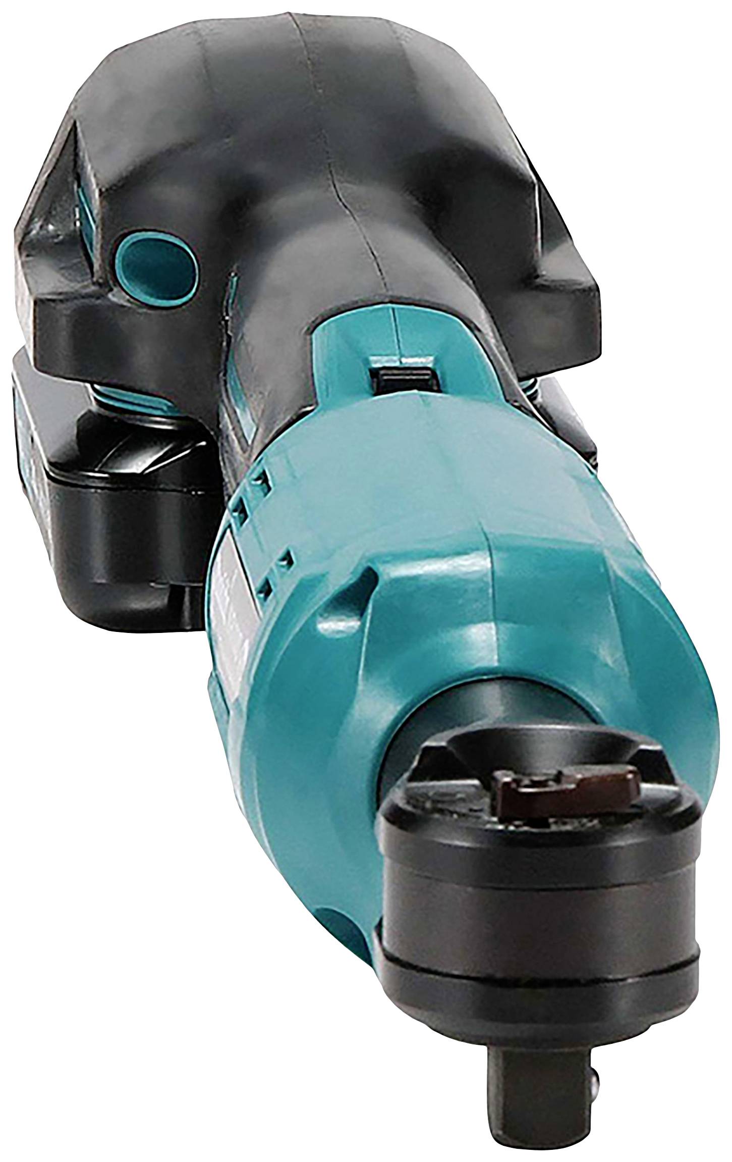 A green and black electric power tool in close-up, likely a grinding or drilling device, made of plastic and metal.