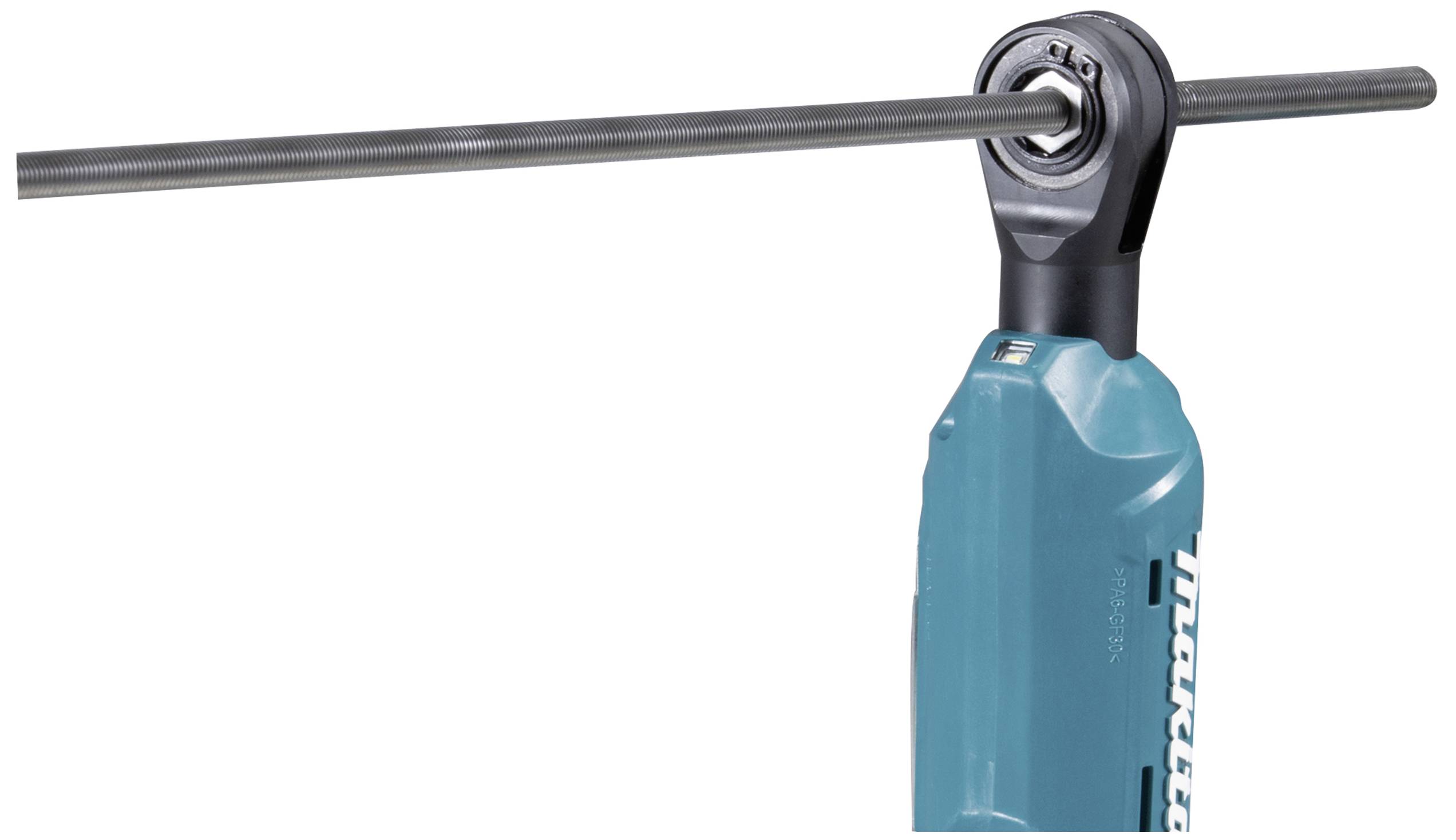 A teal-coloured power tool with a metal rod protruding horizontally from a circular opening, suitable for threading.