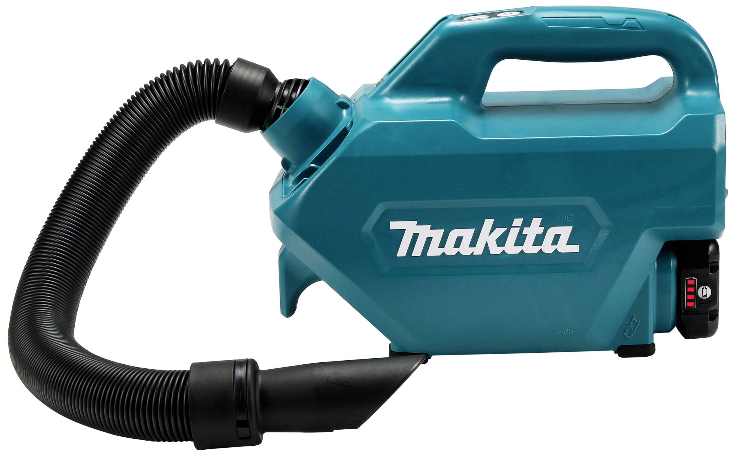Makita Handheld Vacuum Cleaner, portable, blue, with flexible hose. The battery charge level is displayed on the side.