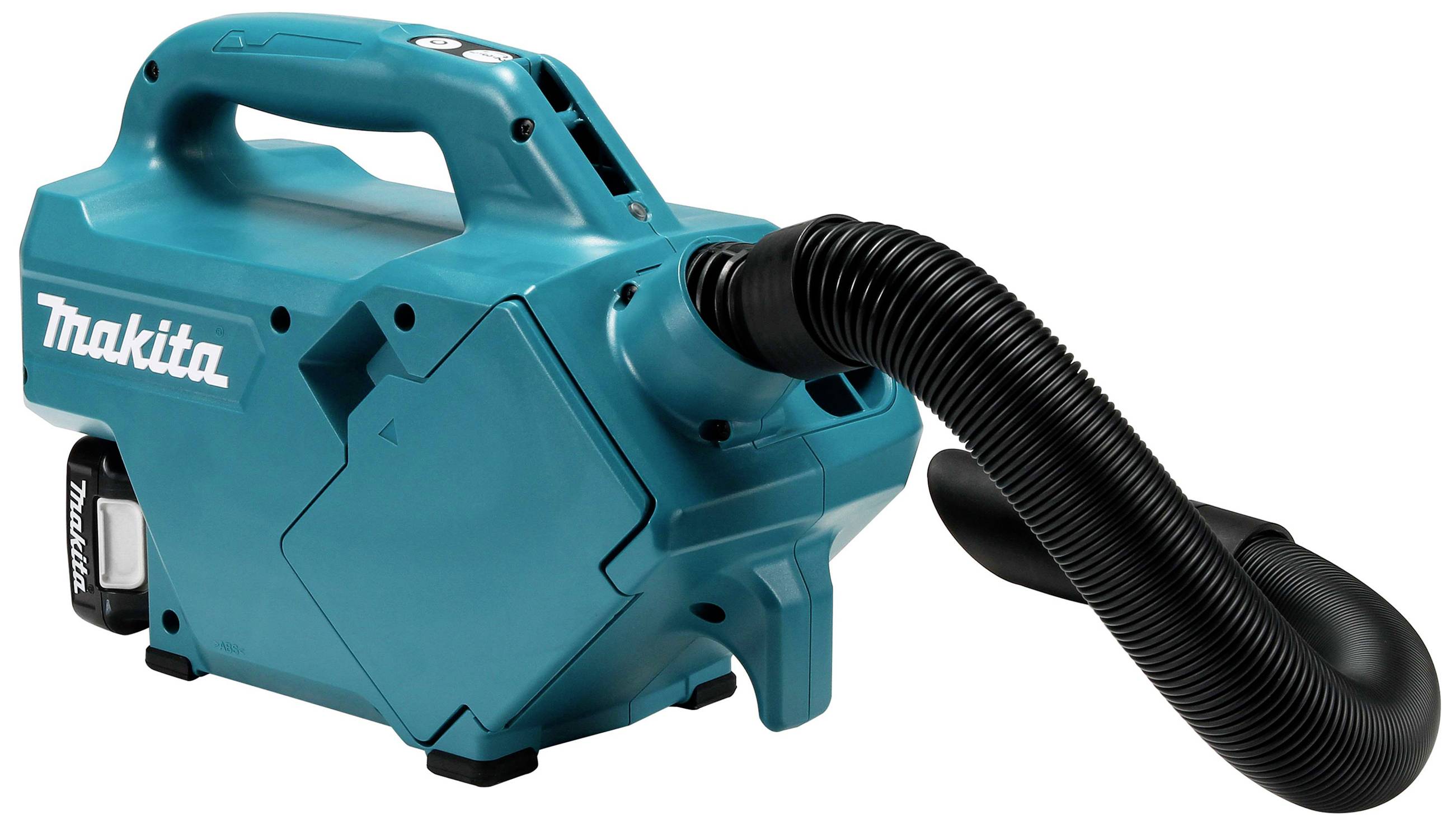 Portable blue vacuum cleaner with flexible hose and handle, suitable for tradespeople or construction site cleaning.