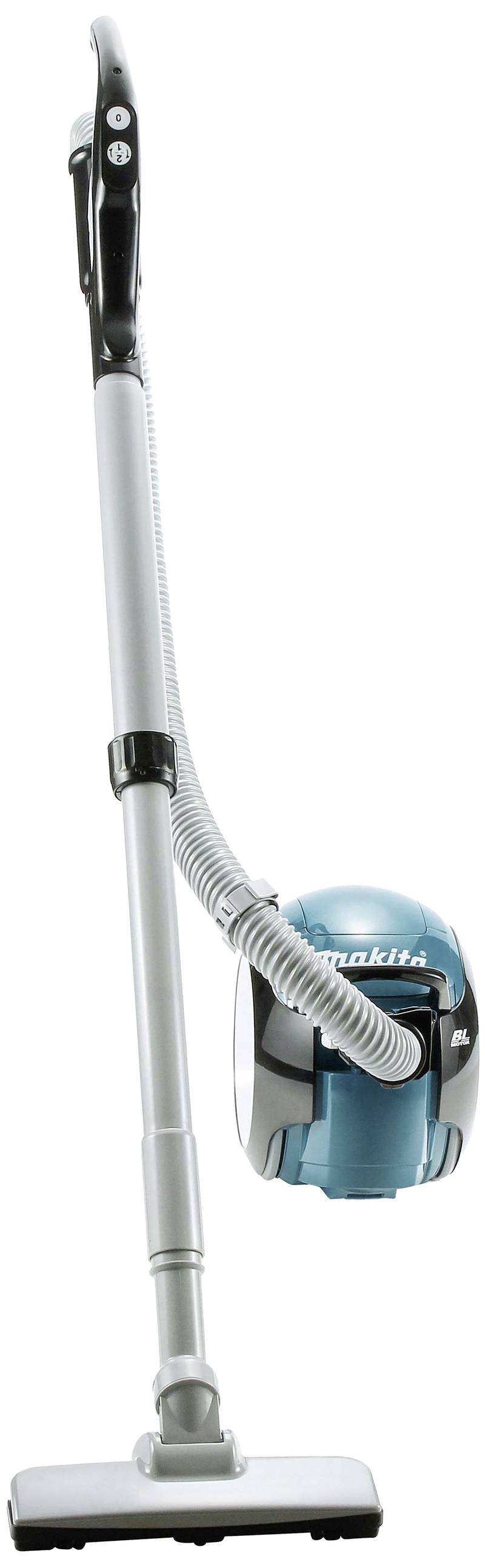 A vacuum cleaner with a long suction tube and a blue container on wheels, ideal for floor cleaning.