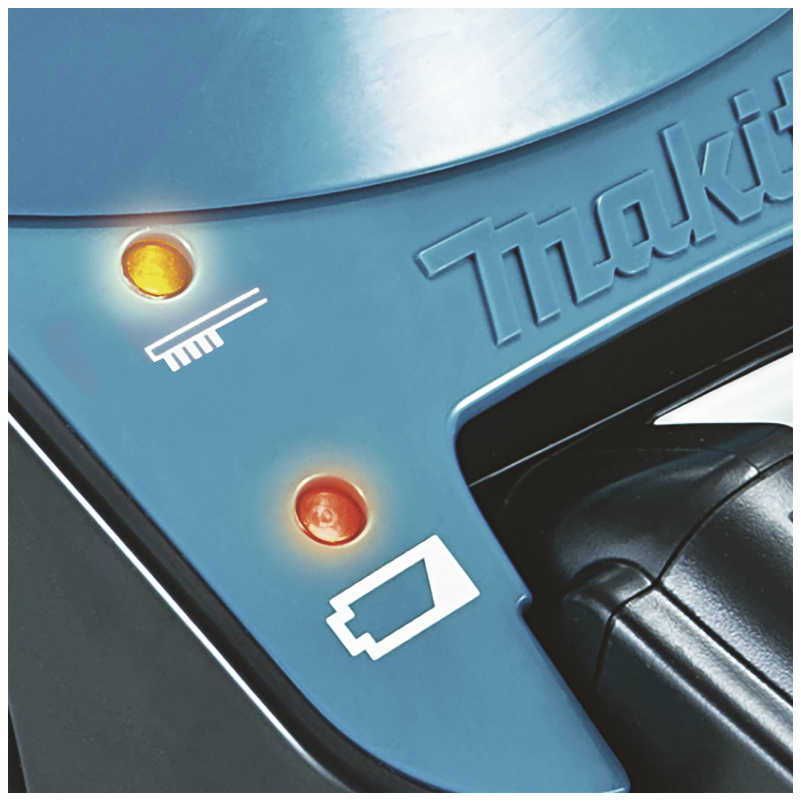 Two illuminated indicator lights on a device display the symbols for cleaning and battery. The cleaning light is positioned above.