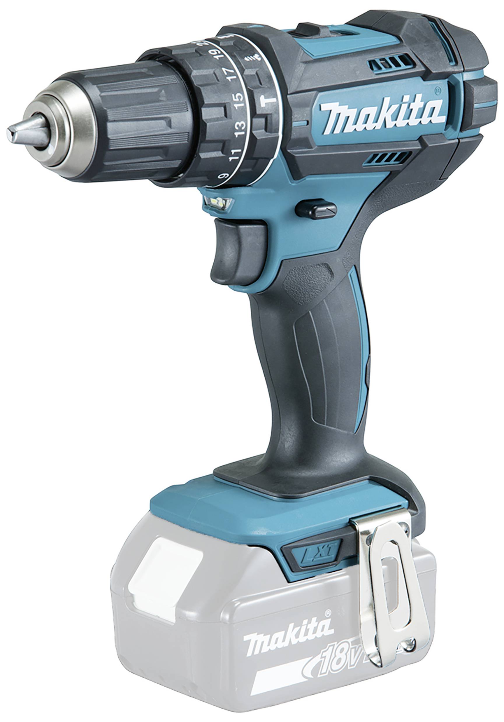 Cordless drill with a blue-black casing and grey battery. Brand name on the side. Used for fastening or drilling.