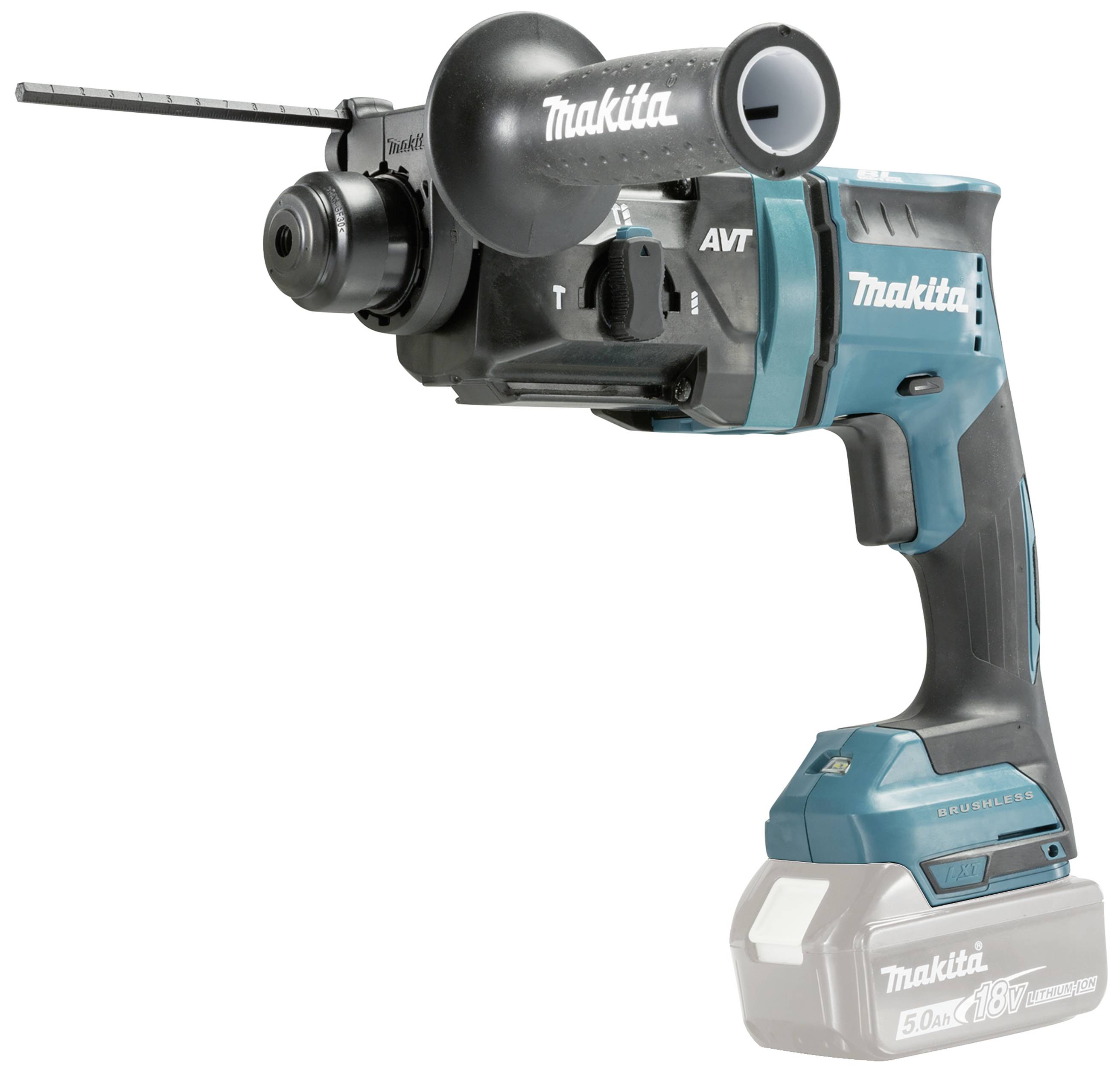 A blue hammer drill with a grey handle, battery-powered and with the brand name on the side, lies sideways on a white background.