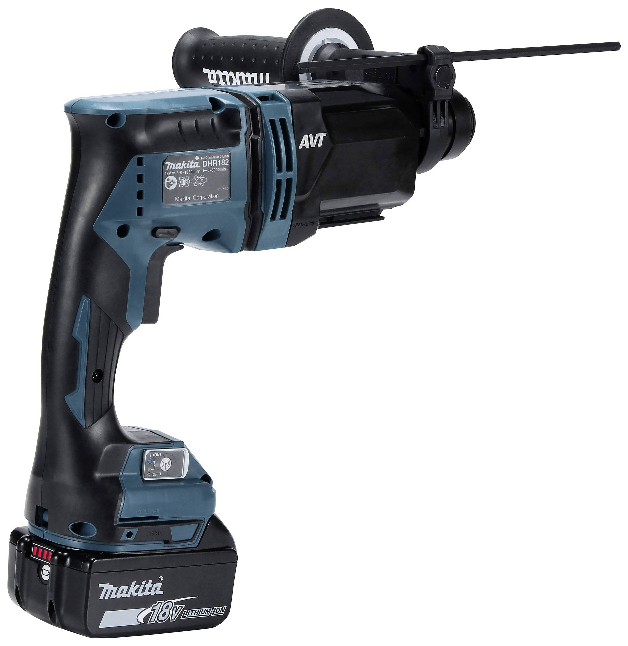 A blue, battery-powered Makita hammer drill with an 18V battery, side handle, and tool attachment, suitable for construction work.