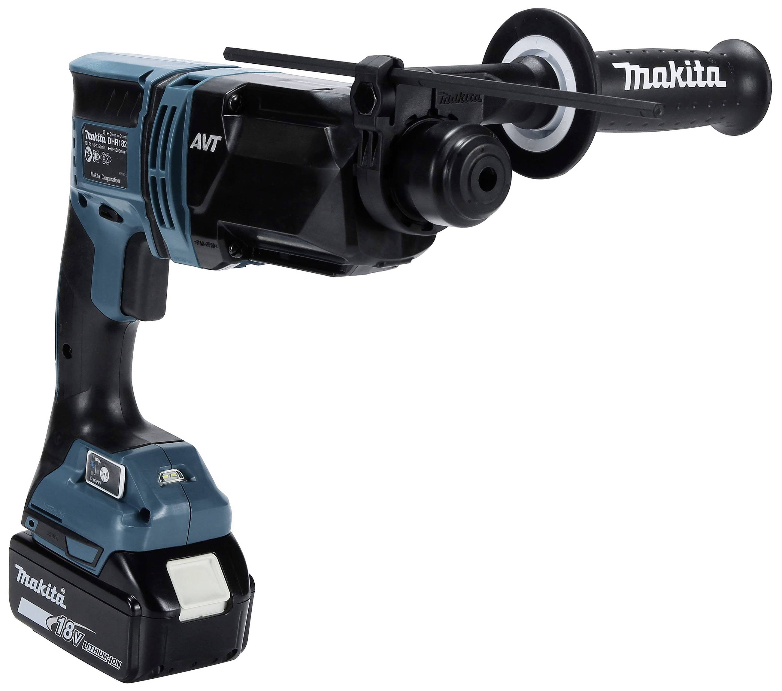 A blue and black 18V cordless hammer drill with an additional handle for stabilisation. Brand name displayed on the handle.