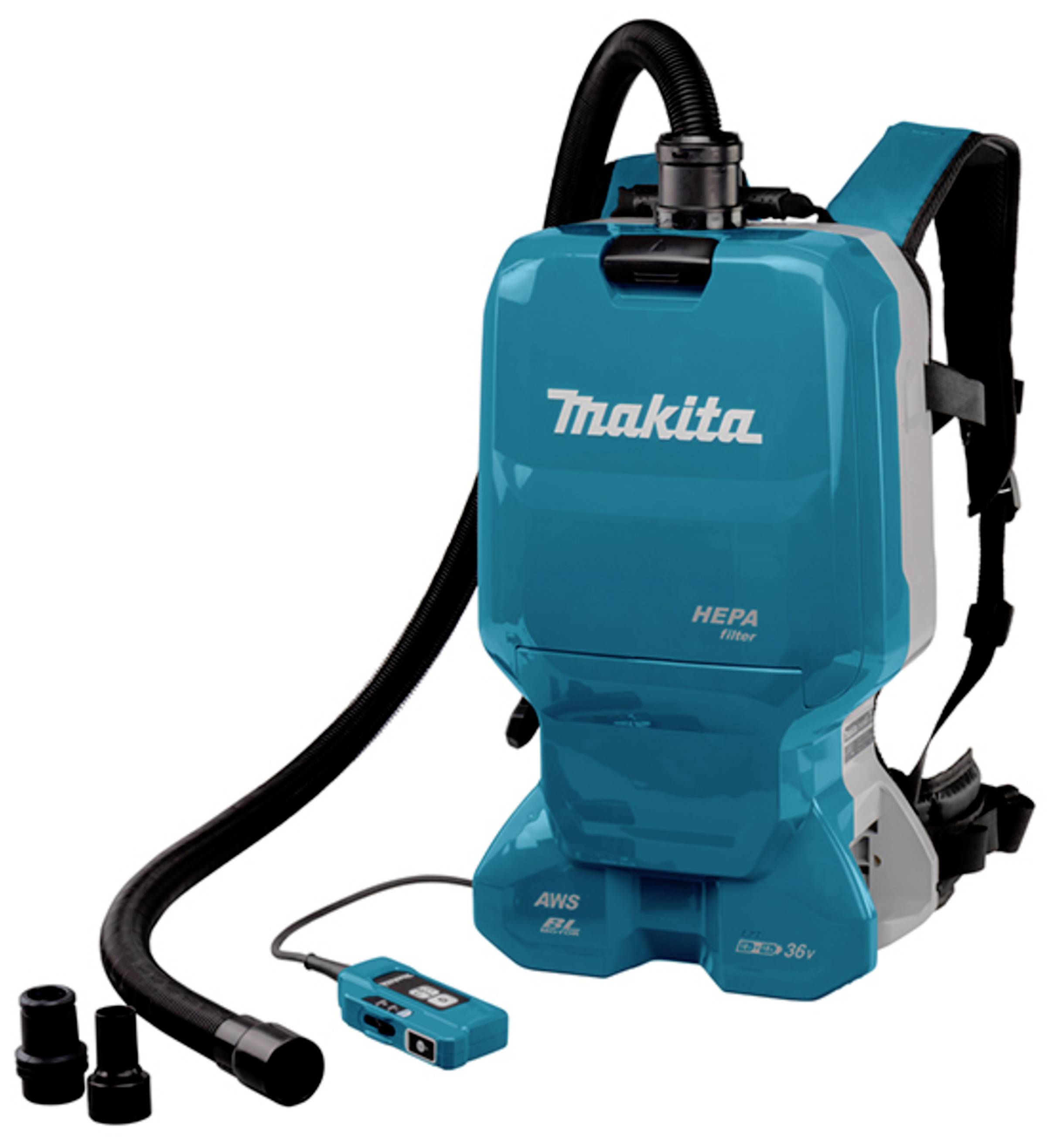 Portable Backpack Vacuum Cleaner in Blue with HEPA Filter and Accessories, Suitable for Construction Site Cleaning and Dust Extraction.