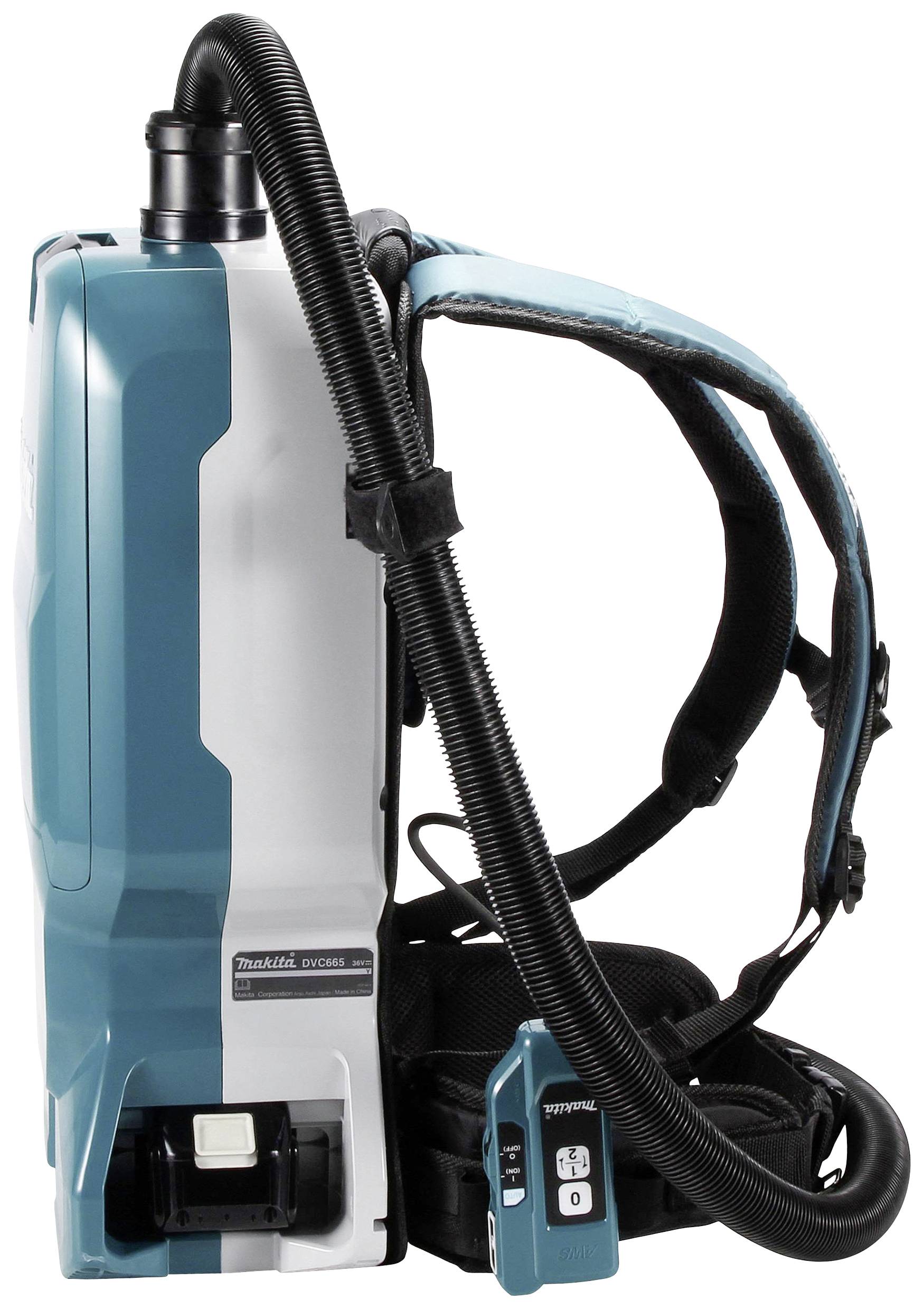 A portable vacuum cleaner with a backpack carry system, hose, and control elements. Ideal for use in confined or mobile environments.
