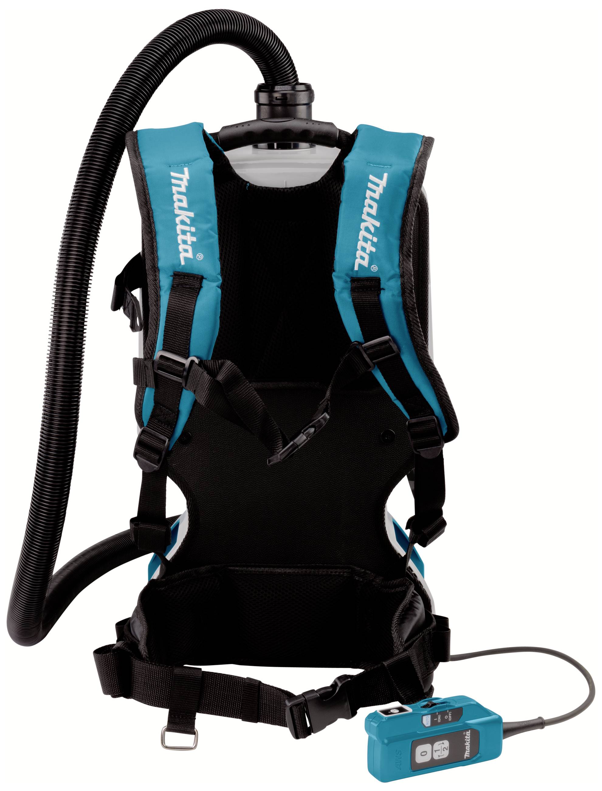 Backpack vacuum cleaner with shoulder straps and hose, Makita brand, blue and black, with remote control for power management.
