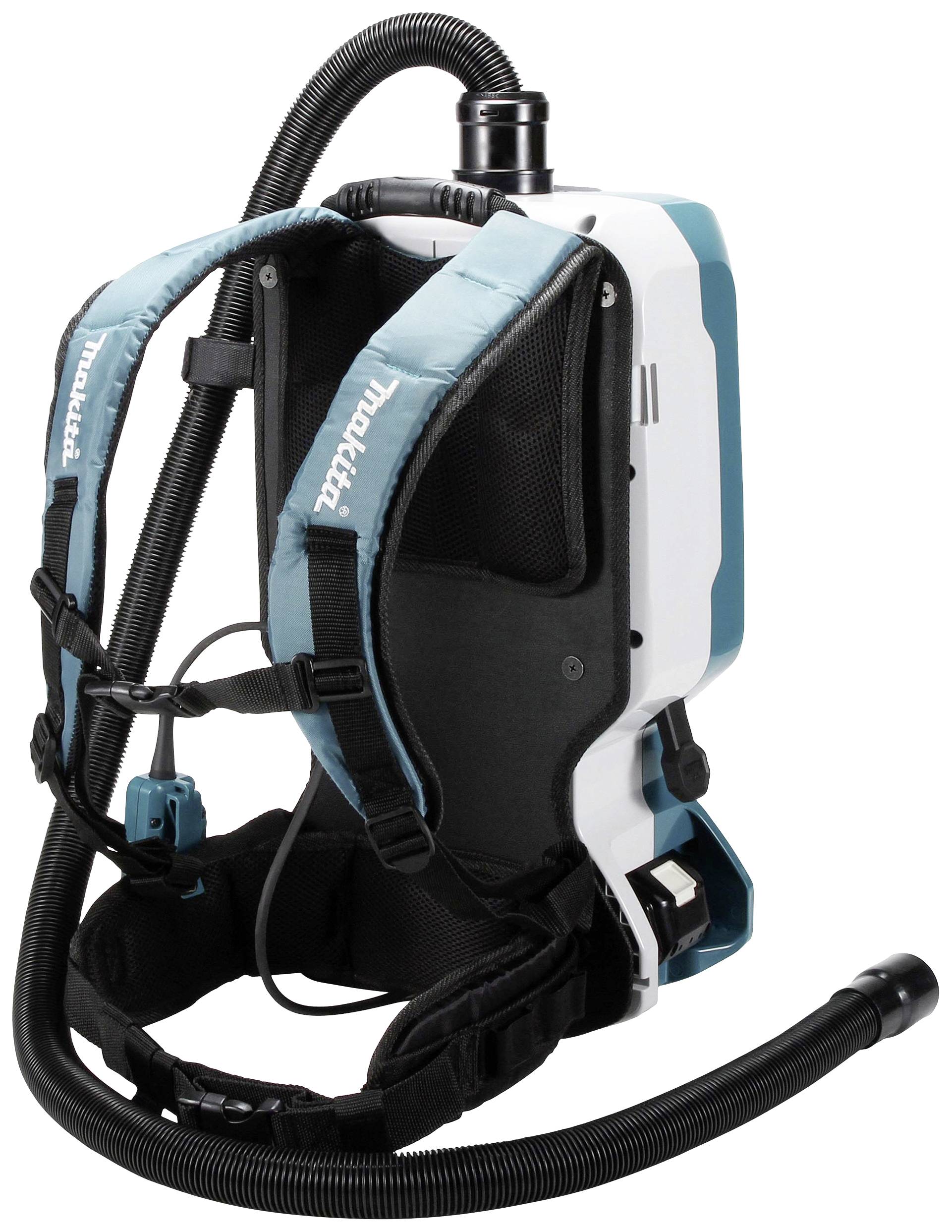A white-blue back-mounted vacuum cleaner carried with shoulder straps. Ideal for flexible cleaning in confined or hard-to-reach areas.