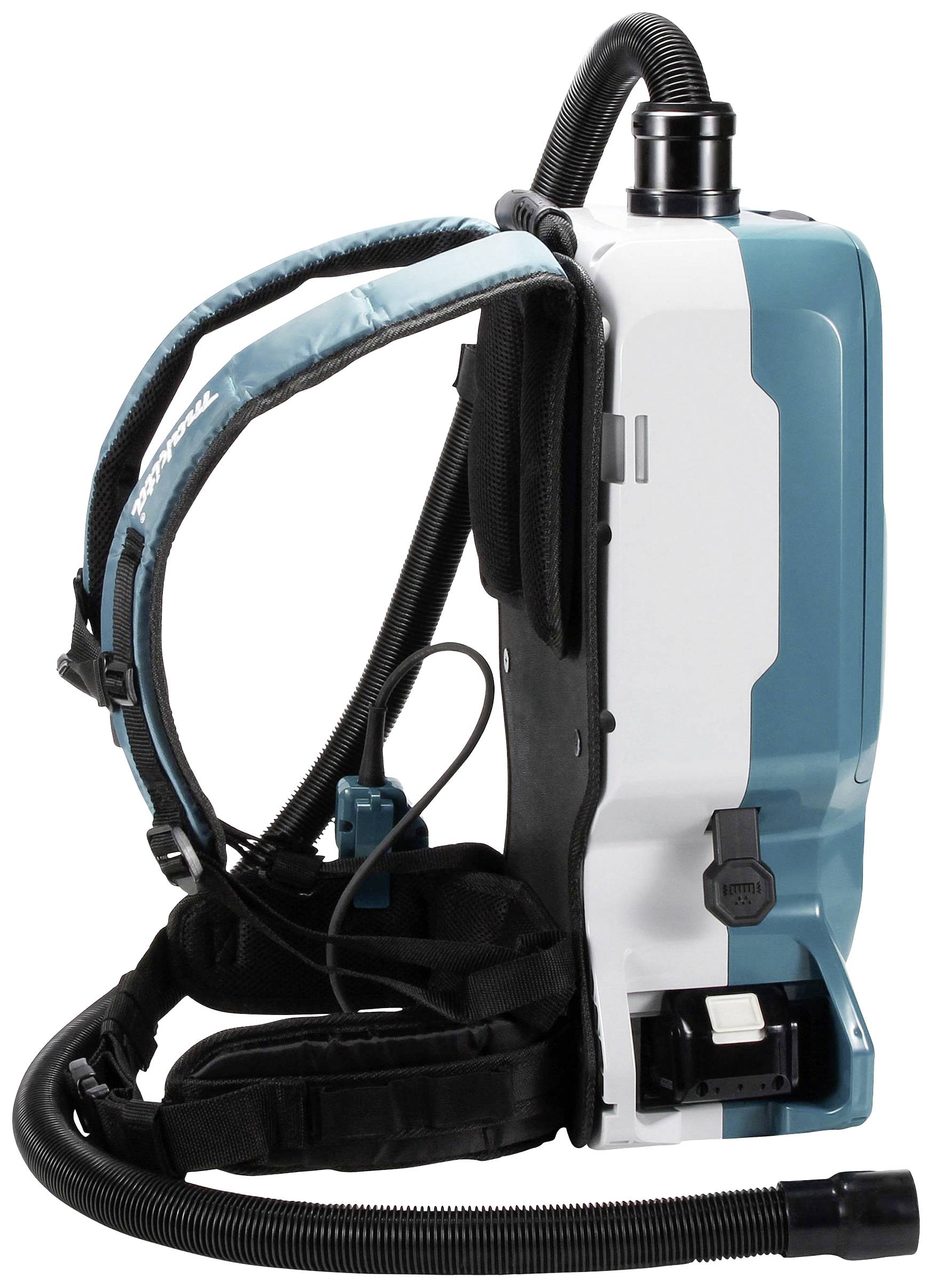 Battery-powered backpack vacuum cleaner with adjustable straps and flexible suction hose, compact and portable for cleaning tasks.