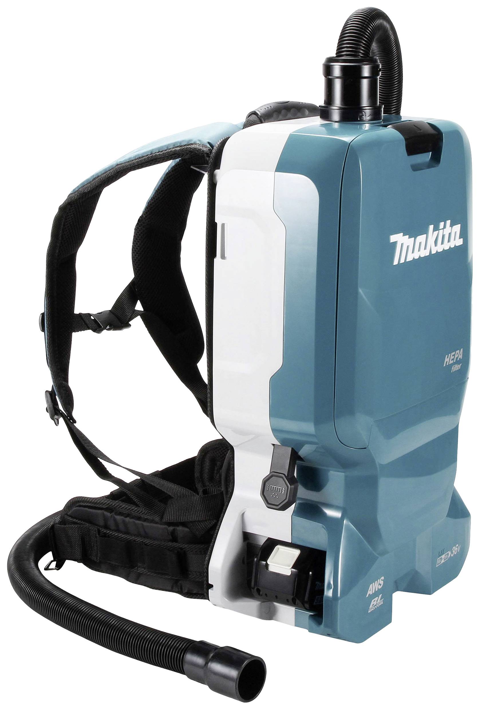 Blue and white backpack vacuum cleaner with shoulder straps and suction hose. 'Makita' brand logo on the front.