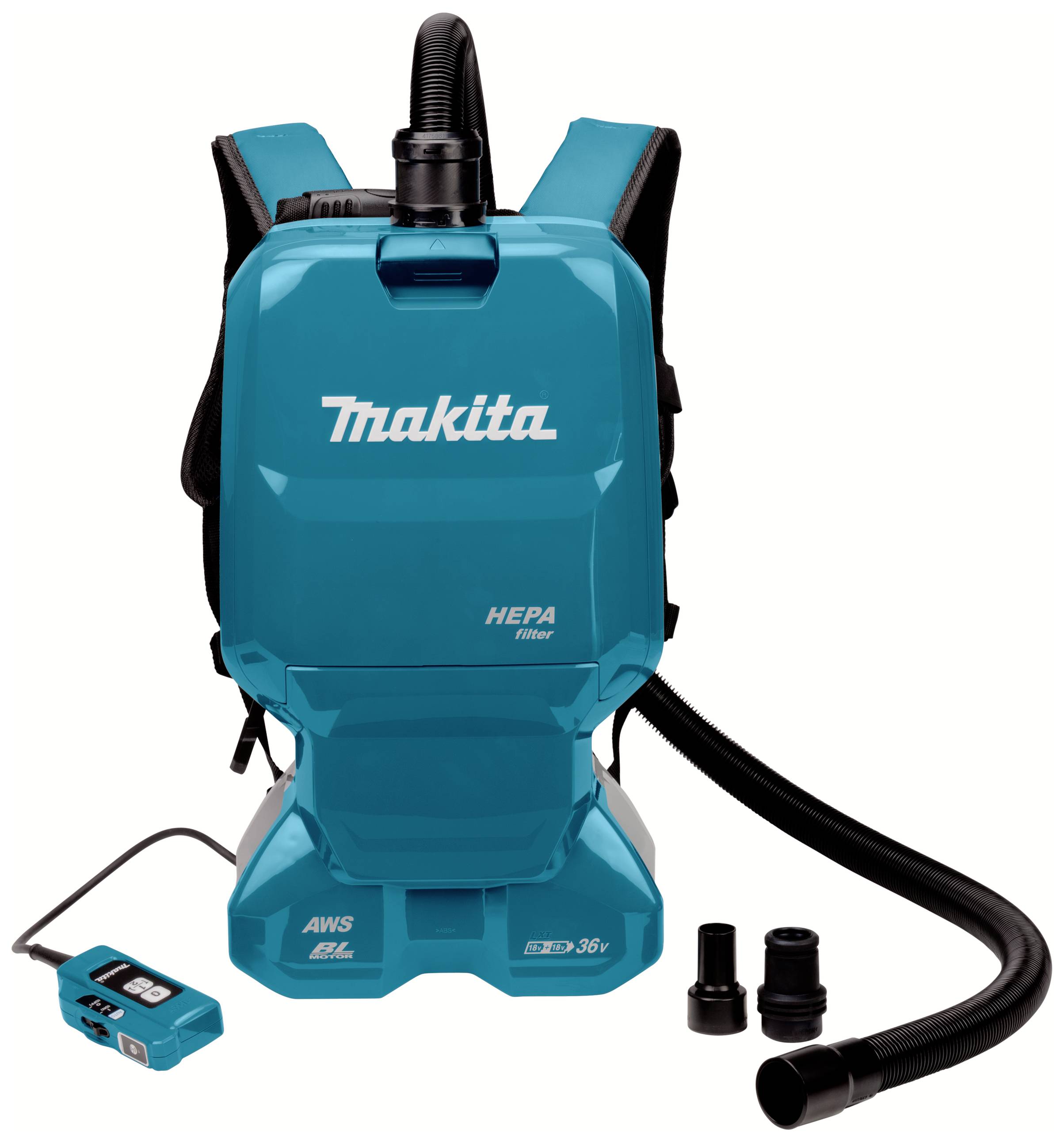 Blue backpack vacuum cleaner by Makita with HEPA filter. Includes hose, nozzle attachments and battery. Suitable for portable cleaning tasks.