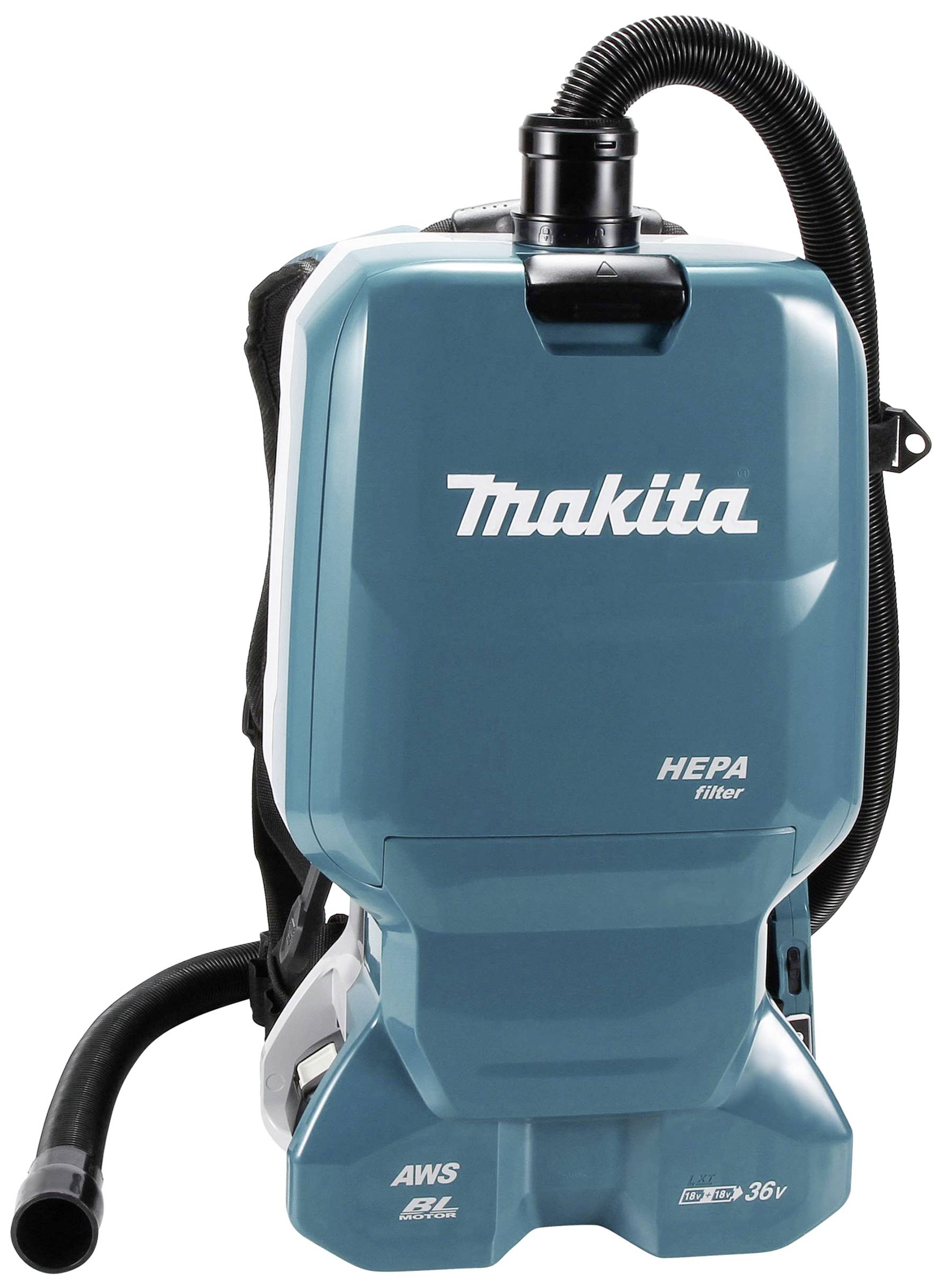 Blue backpack vacuum cleaner, brand visible, with HEPA filter and hose. Suitable for efficient cleaning in workshops.