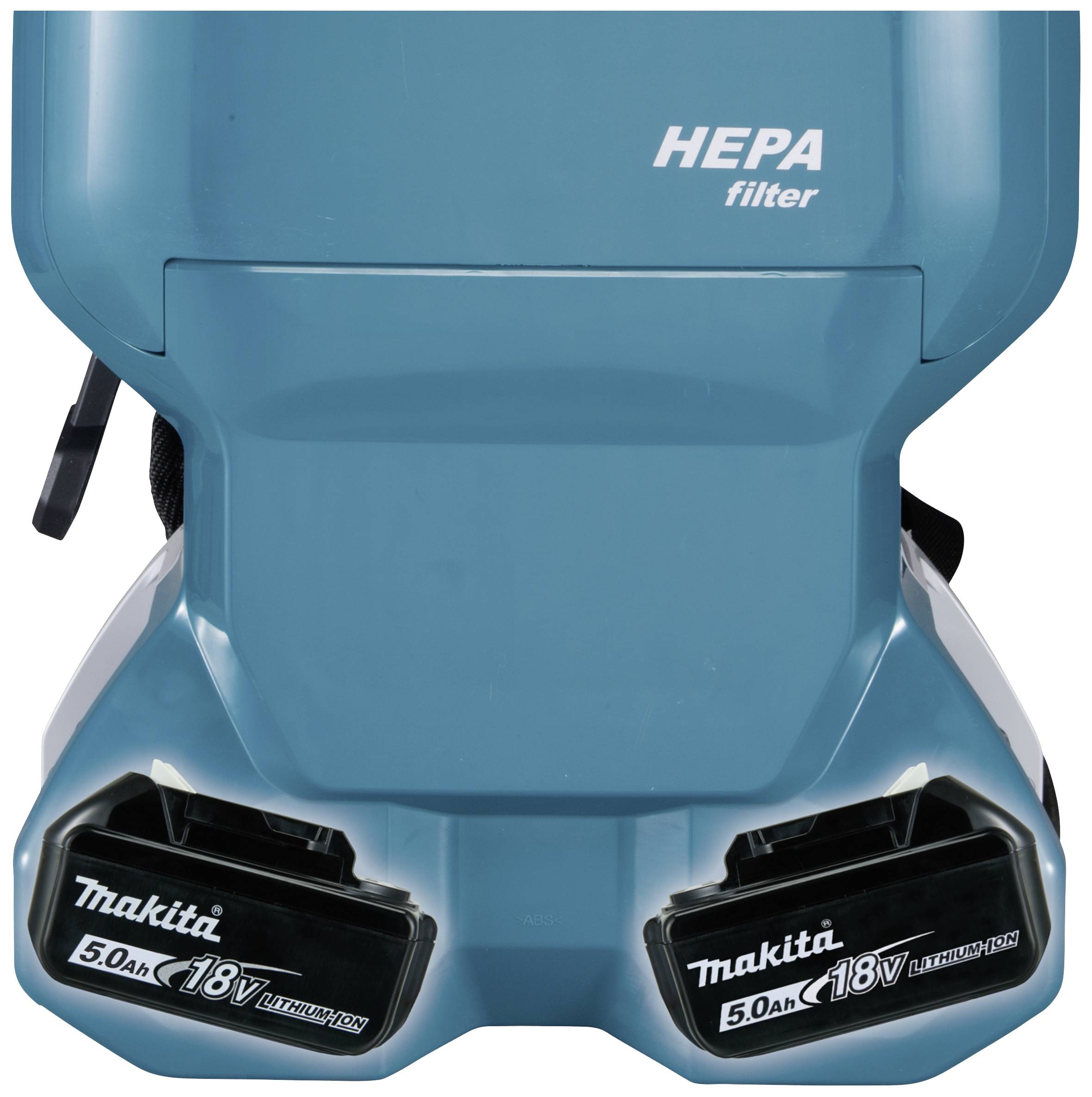 HEPA-filter backpack vacuum cleaner pictured with two Makita 18V lithium-ion batteries.