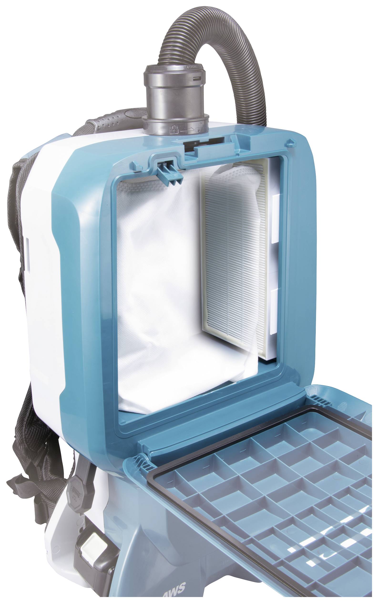 A backpack vacuum cleaner with an open compartment revealing the filter and internal structure. The vacuum cleaner is designed in blue and white.