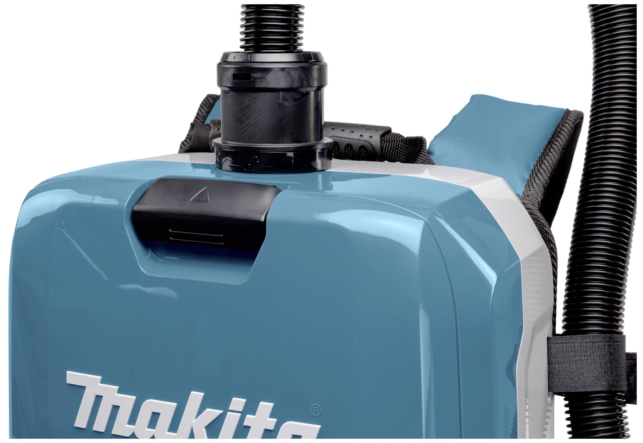 Rear view of a blue backpack vacuum cleaner with black straps and hose.