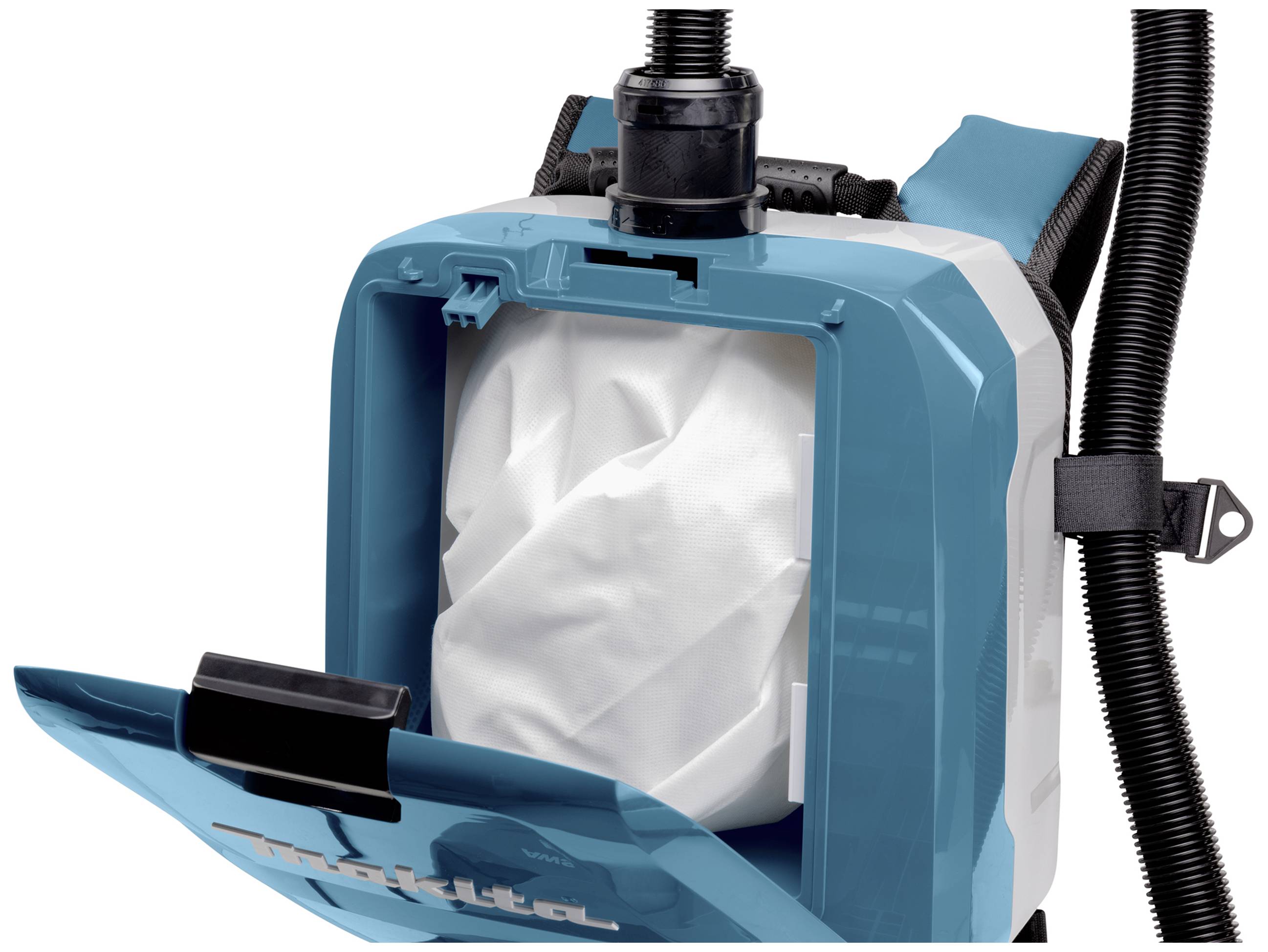 A blue Makita backpack vacuum cleaner with an open compartment and visible dust bag. Designed for portable, cordless vacuuming.