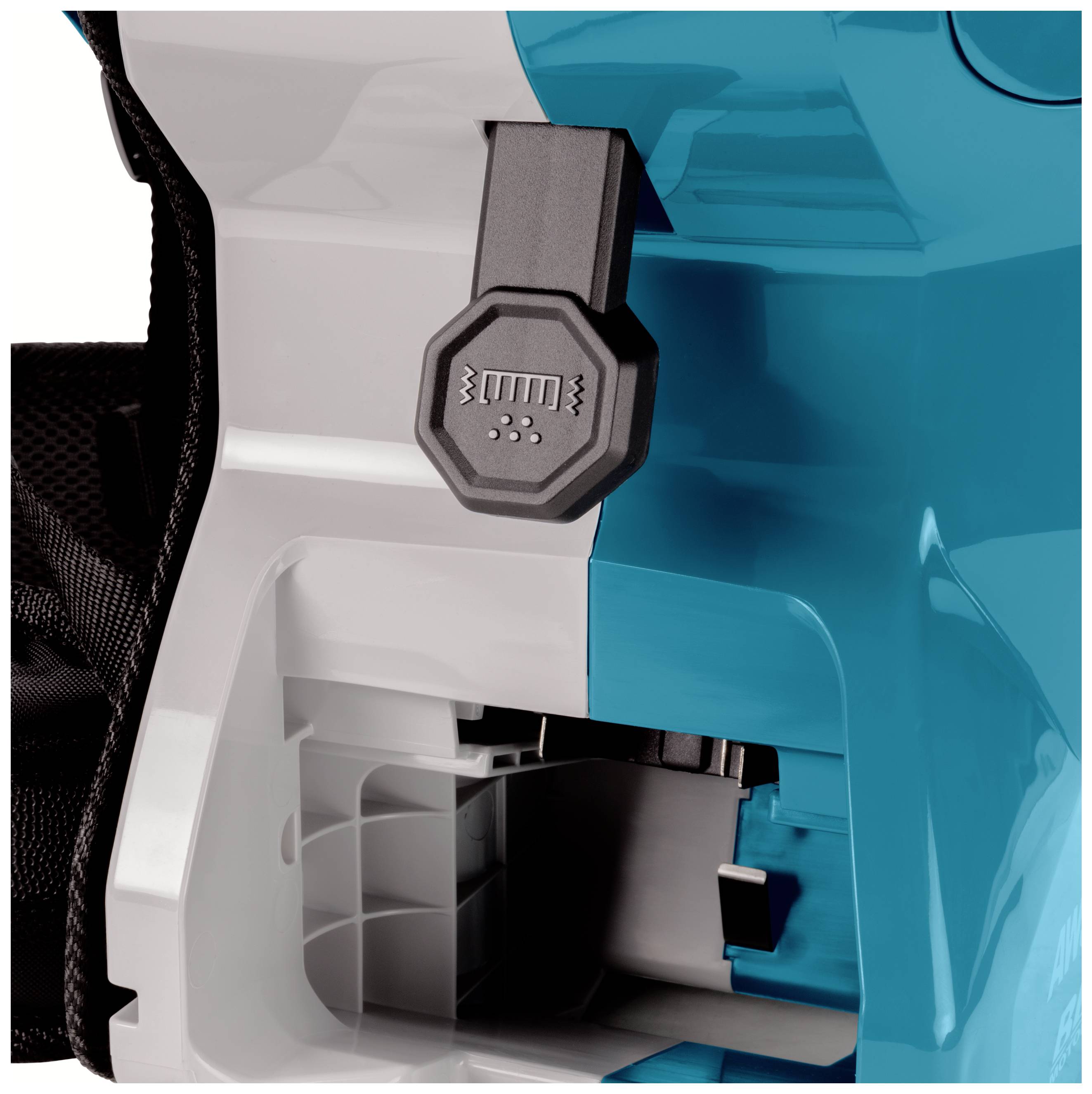A close-up image shows the battery slot on an electric tool with a cable connection cover.