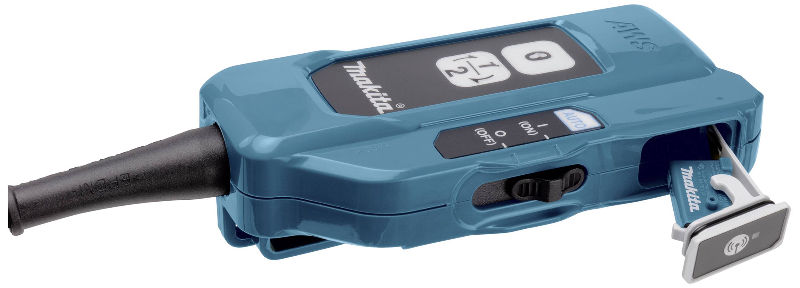 A portable breath alcohol tester in blue with a digital display. A test strip is inserted on the side, display showing '0'.