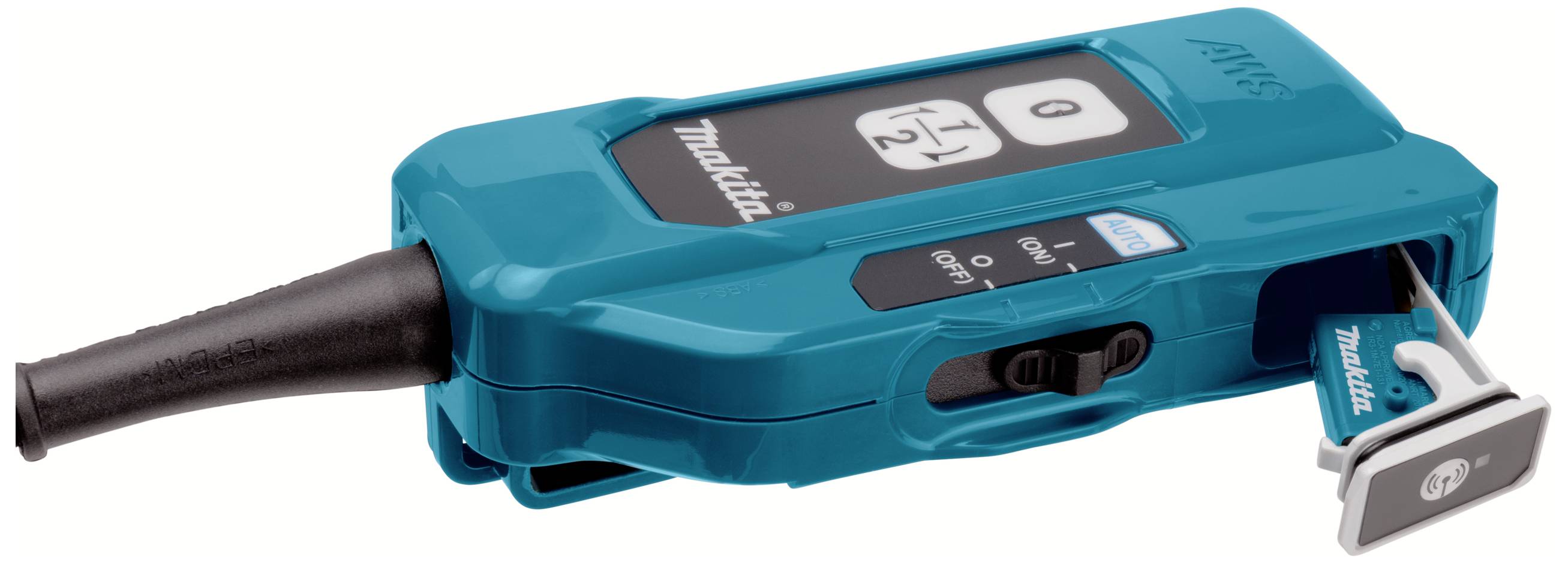 A wireless digital tyre pressure gauge in blue with a digital display and an air valve adapter on the side.