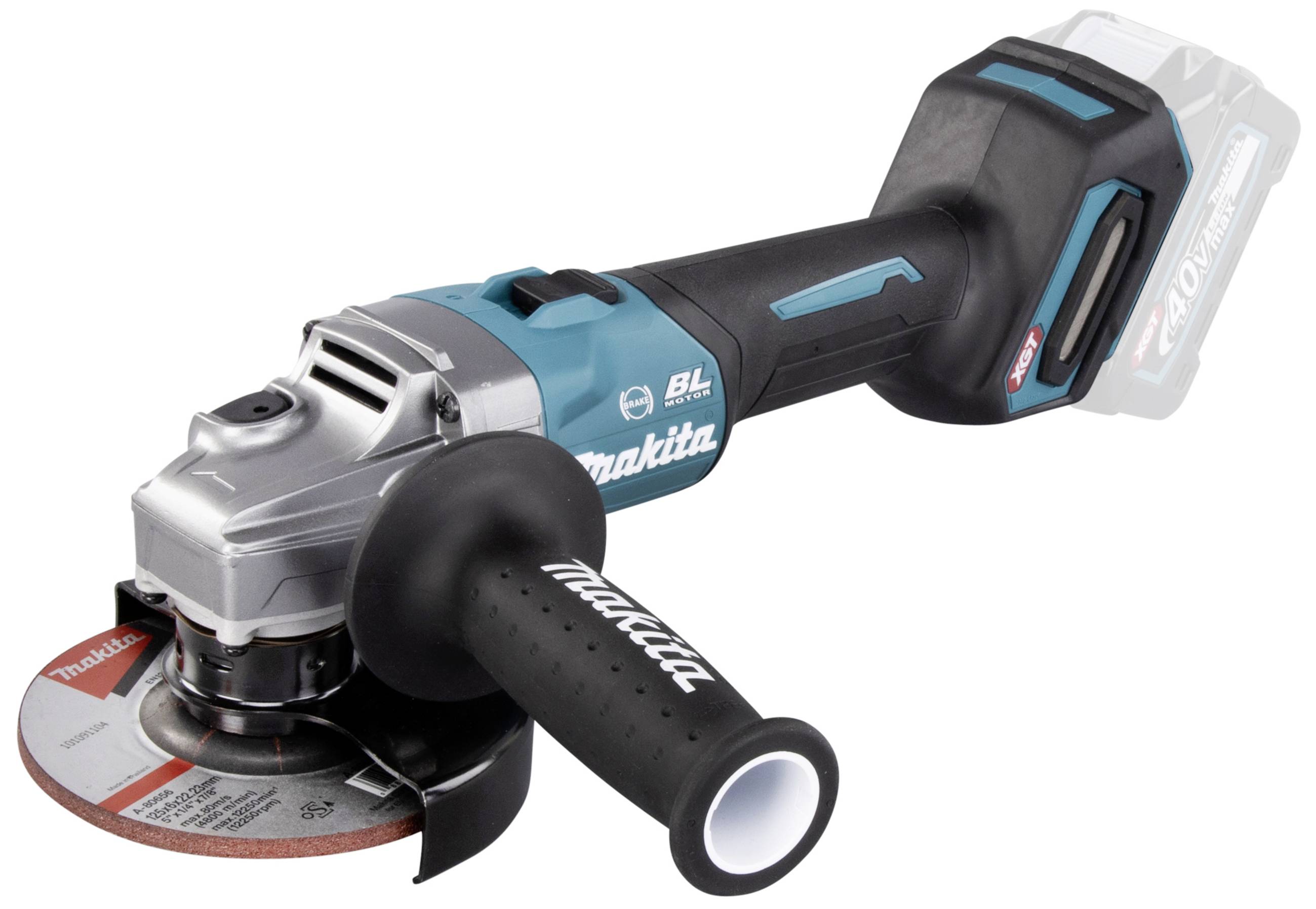 A cordless angle grinder with a black handle, blue casing and red grinding disc, brand 'Makita'.