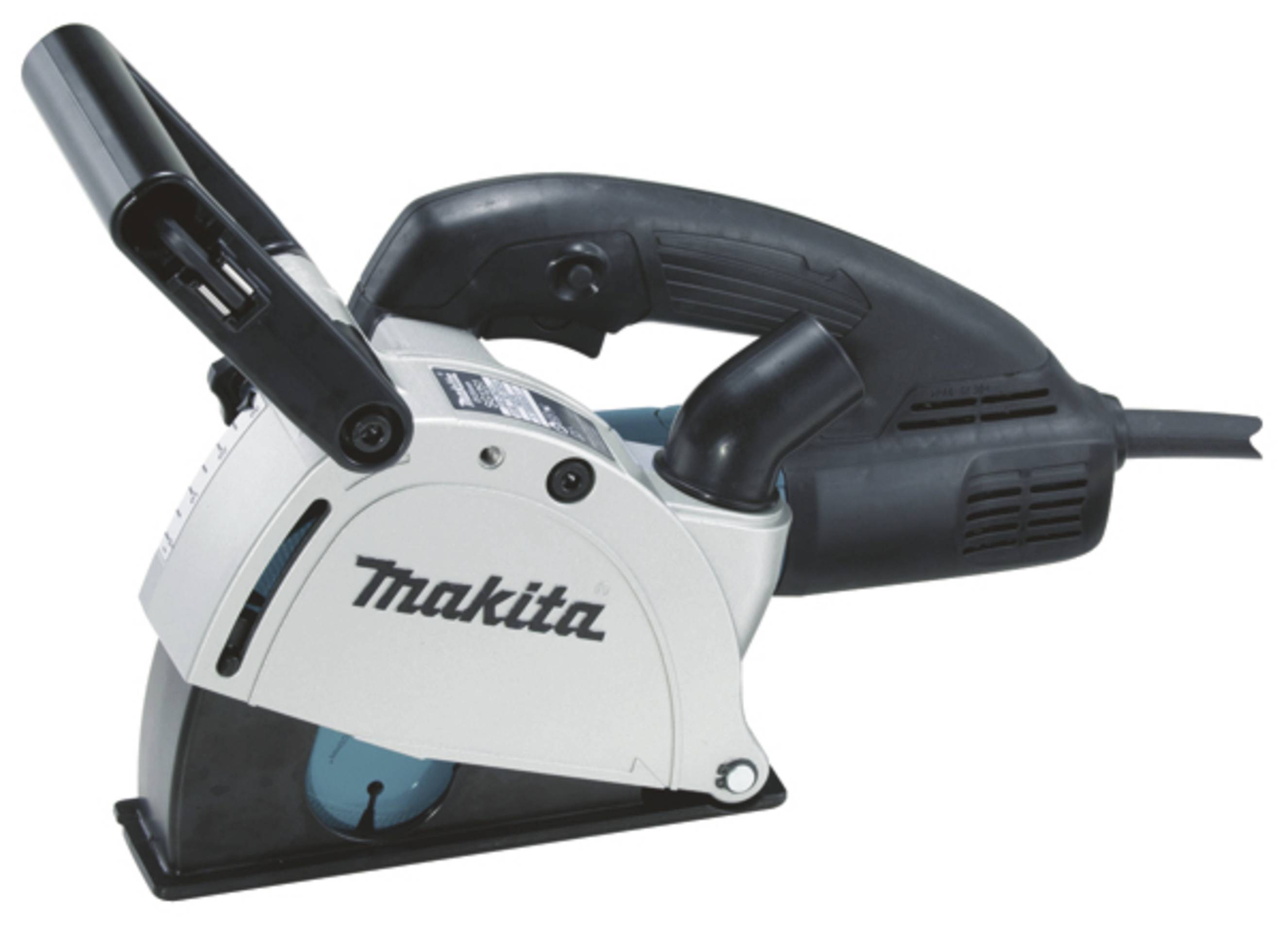 A Makita electric hand tool, a wall chaser with a black handle and silver casing, for cutting into brickwork.