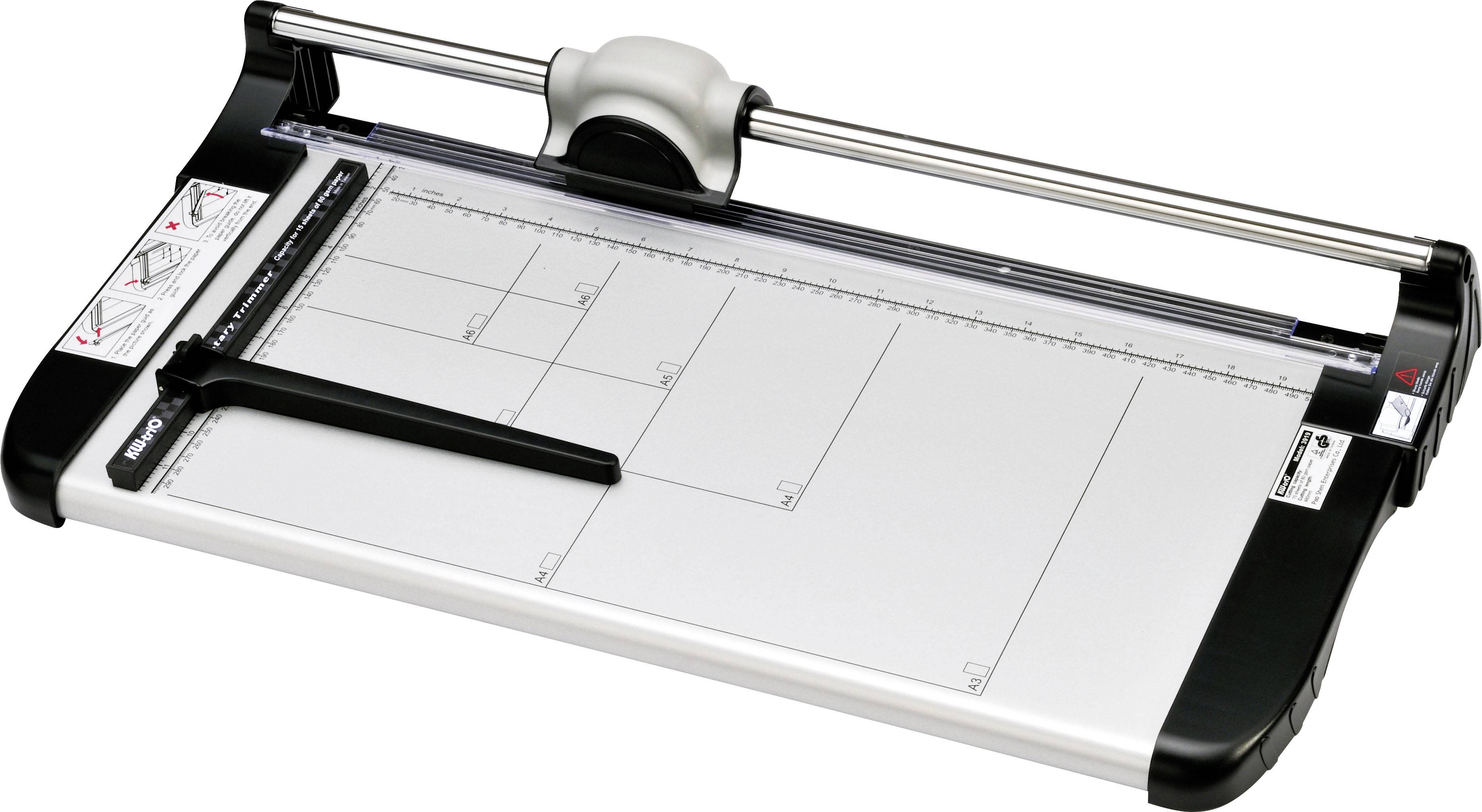 Paper trimmer with ruler and handle. Suitable for precise cutting of documents. Contains markings for easy alignment.