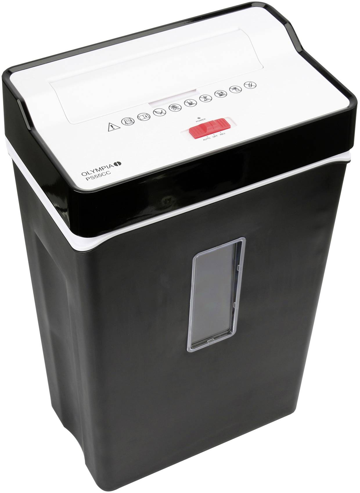 A black paper shredder with a white lid and safety warning symbols. A viewing window displays the fill level.