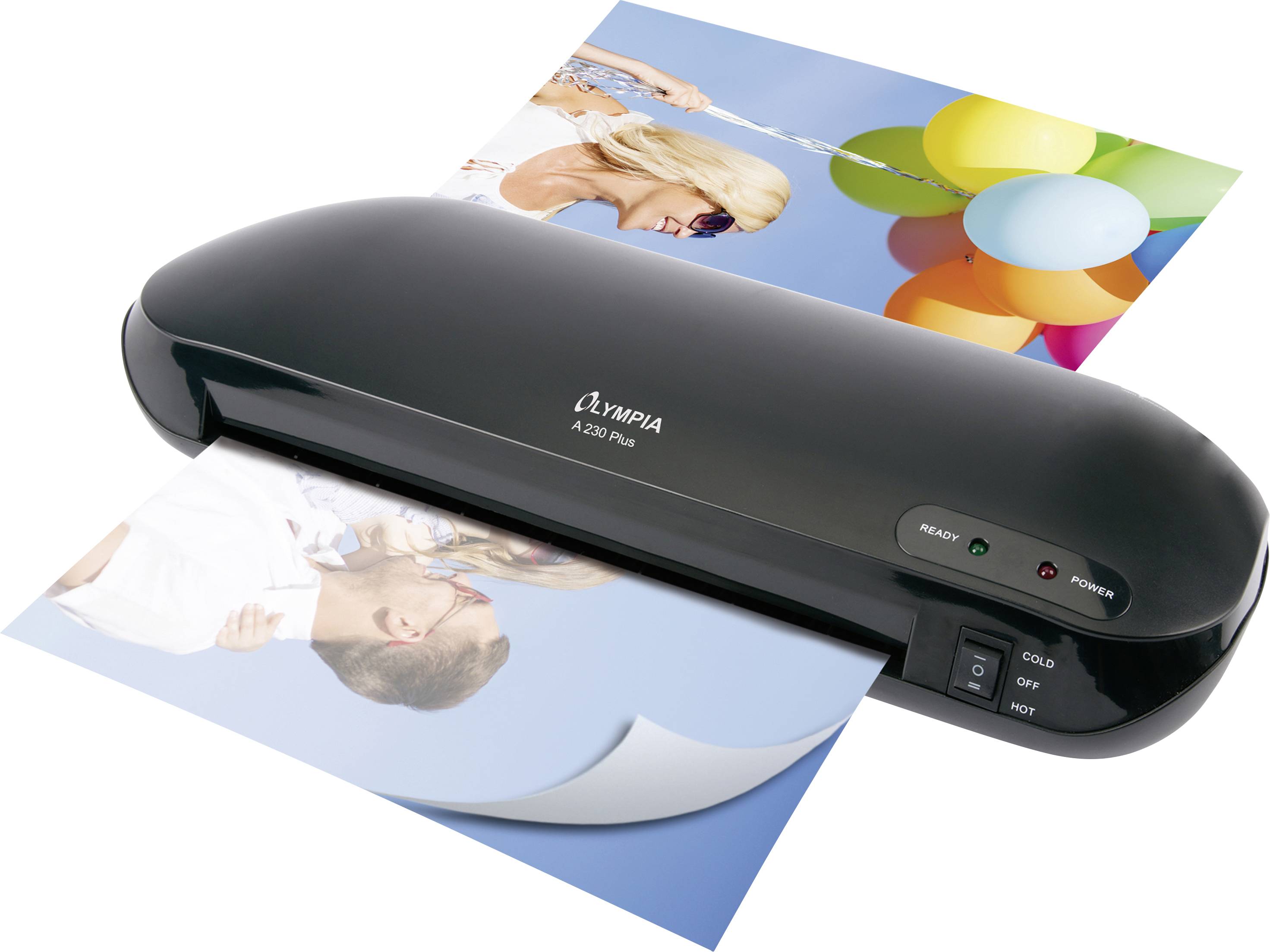 Olympia laminating machine, model A 230 Plus, laminating a photo with colourful balloons and one with a family.