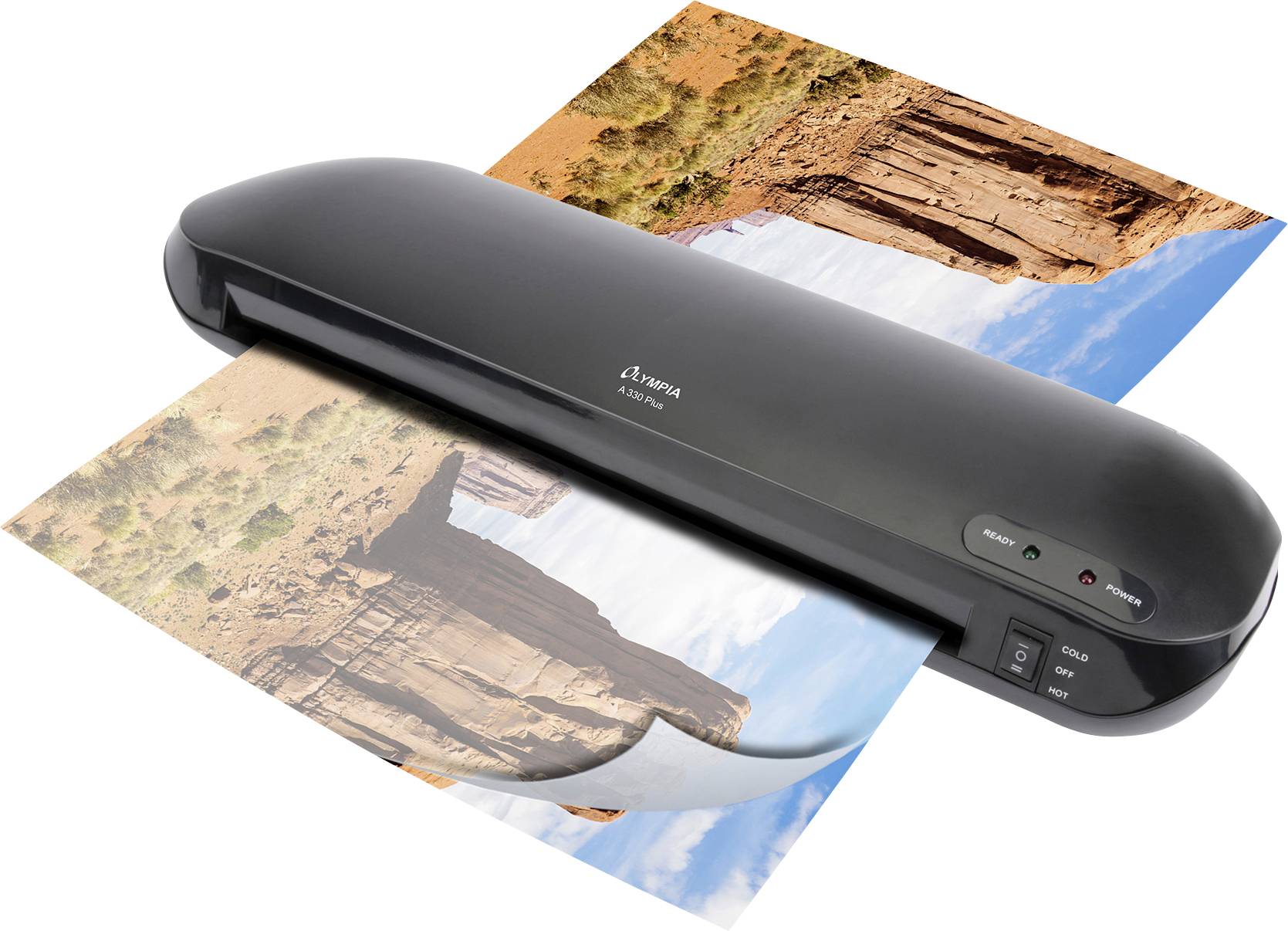 A black laminating machine is laminating a photograph of rocky landscapes. On the left, the laminated image comes out, and on the right, it is drawn in.
