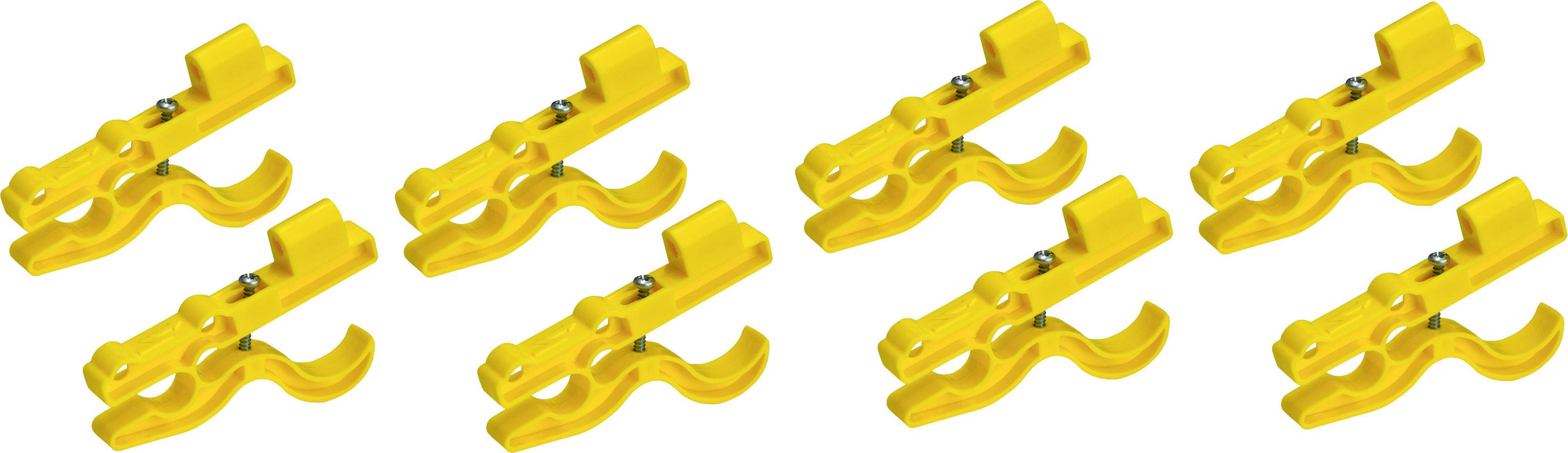 Eight yellow plastic clips, evenly arranged in two rows, against a white background.