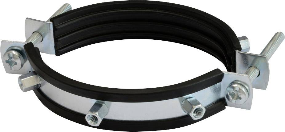 Metal pipe clamp with rubber cushioning and fixing screws. It provides secure support for pipes in building constructions.