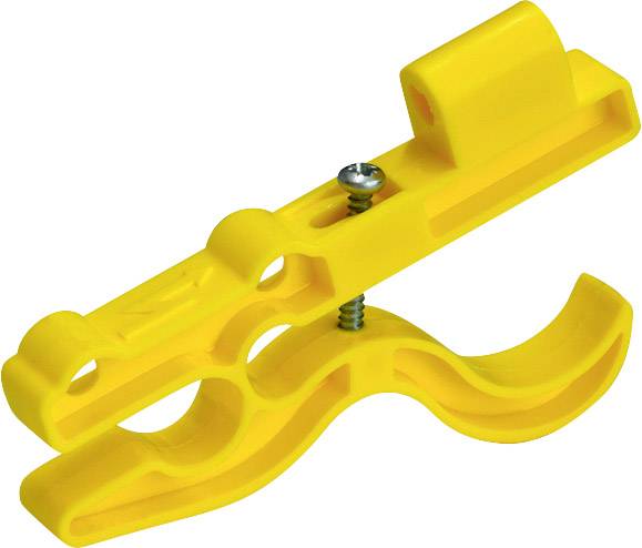 A yellow plastic clip with a screw-type closure mechanism, suitable for securing items.