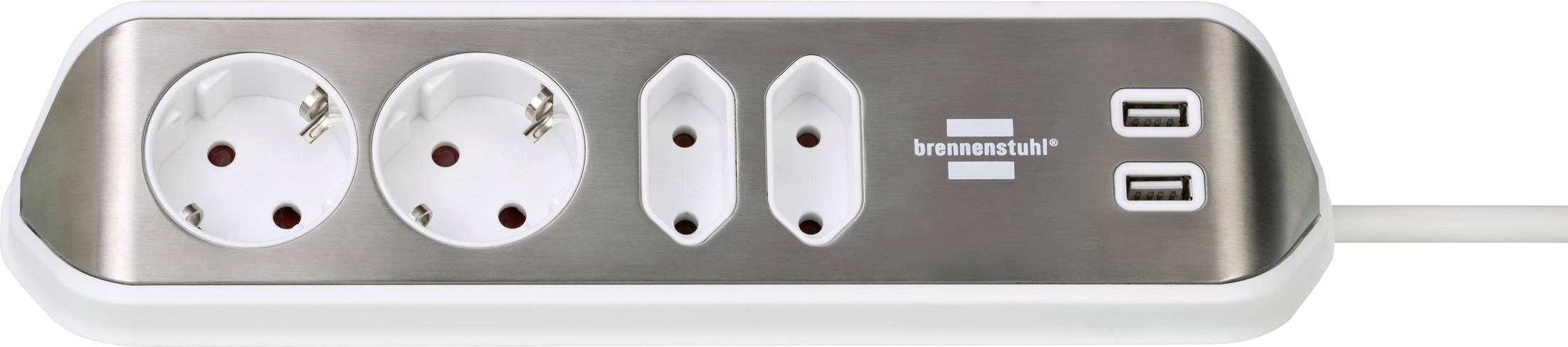 A silver power strip with two round European outlets, two vertical sockets, and two USB charging ports on the right.
