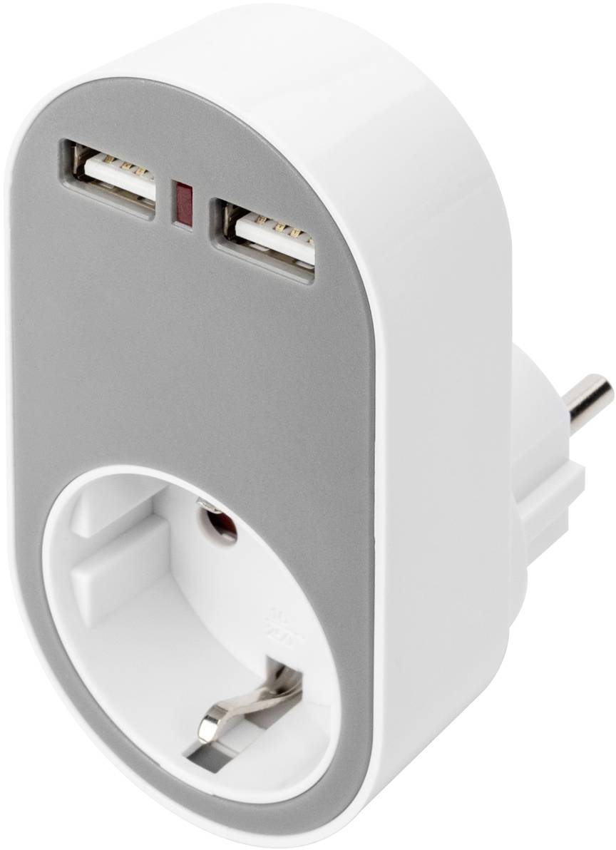 Socket with two USB ports and a standard EU plug, perfect for charging multiple devices simultaneously.