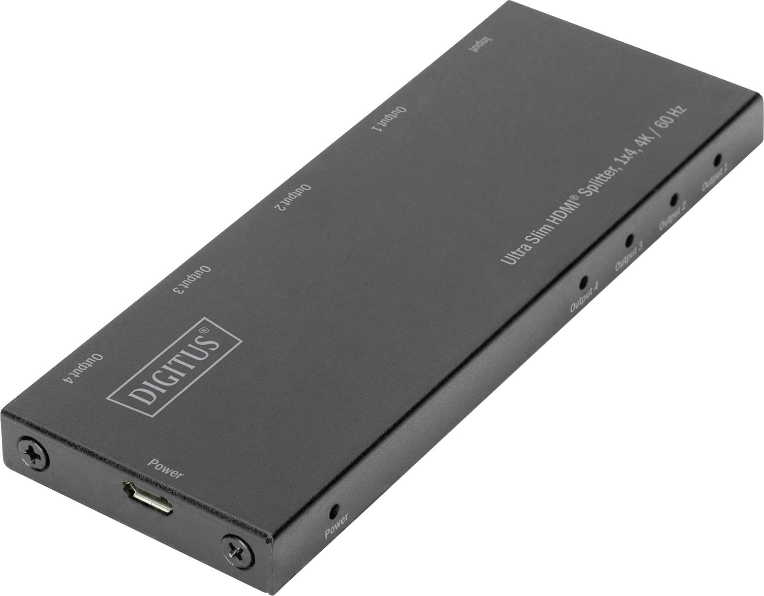 Digitus 4K HDMI Splitter, 1 Input, 2 Outputs, Compact, Black Design.