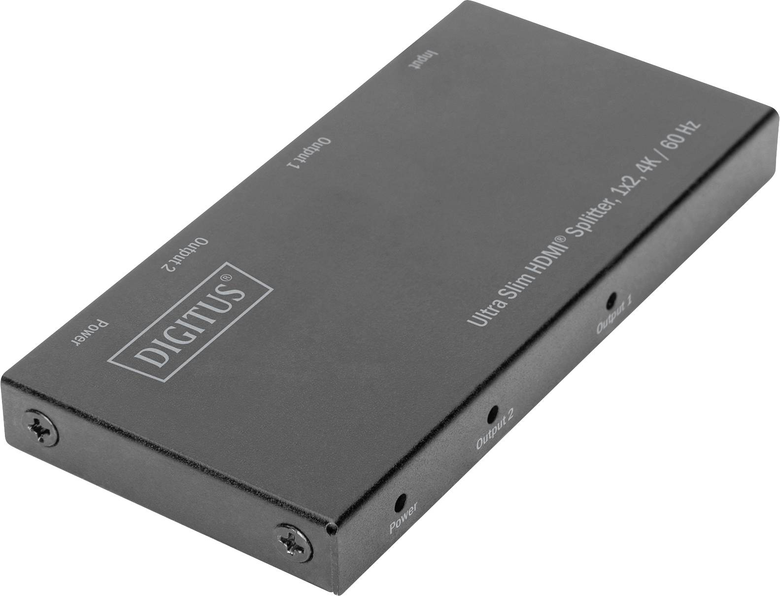 HDMI splitter, slim and black, with multiple ports and the inscription 'Ultra Slim HDMI Splitter, 1x2, 4K/60Hz'.