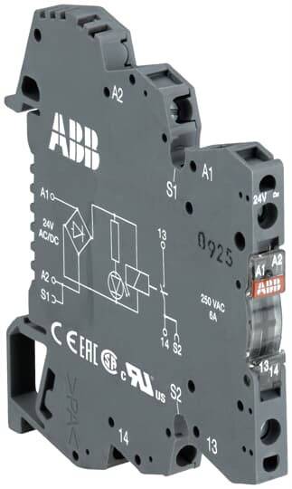 An ABB relay module with a circuit diagram on its surface. It is suitable for 24V AC/DC and 250V AC, with a maximum current of 6A.