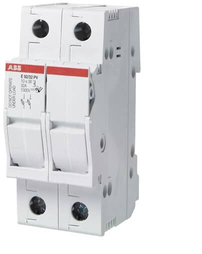 A two-pole circuit breaker in white with red markings, suitable for 10A to 32A, shows release and locking levers.