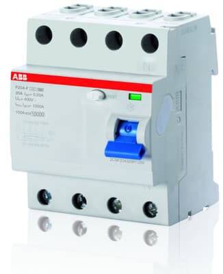 An ABB four-pole residual current circuit breaker with a blue test button and green operational indicator shows safety current disconnection.