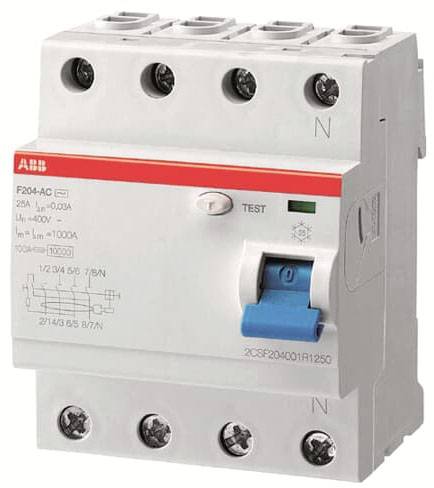 A four-pole RCD (residual current device) with test button and blue lever. Brand logo printed at the top, technical specifications printed at the bottom.
