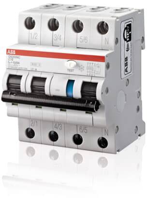 A four-pole circuit breaker with test button and labelling for phases and neutral conductor. Manufacturer: ABB.