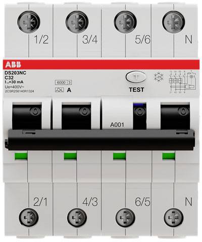 DS203NC C32 FI circuit breaker from ABB with 1/2, 3/4, 5/6, N labelling, test button and technical details on the front side.