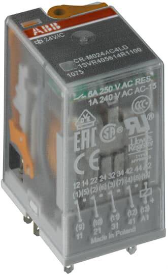 Transparent 24V AC relay with various certifications and technical specifications printed, manufacturer's logo visible at the top.