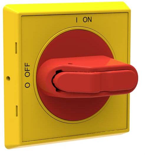 Yellow emergency stop switch with red lever in the 'ON' position. The switch is designed for emergency device shutdown.