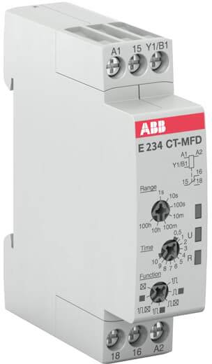 Time relay by ABB with designation 'E 234 CT-MFD'. It shows various setting options for time intervals and functional modes.