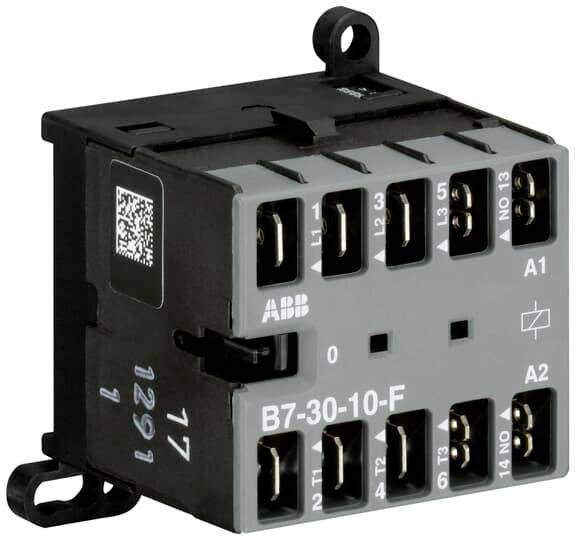 Black and grey electrical device with multiple connection terminals, labelled 'ABB B7-30-10-F', QR code on the side.
