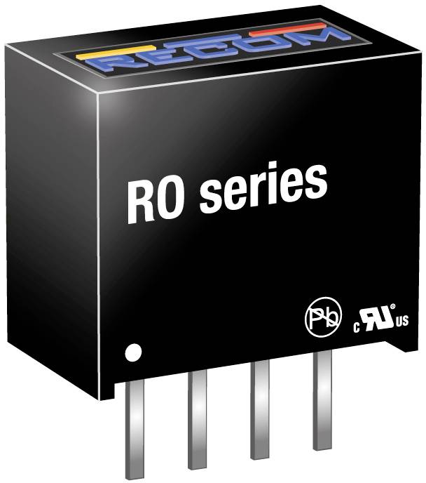 Black and grey electronic component with 'RO series' printed on it, four metal pins at the bottom and colourful stripes at the top.