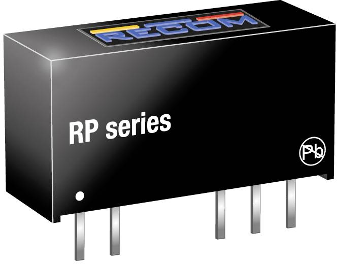 Black electronic component from the RP series by RECOM with four connection pins and company logo on top.
